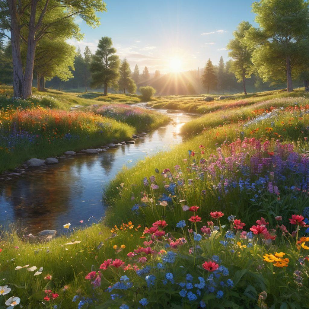 A serene landscape featuring a sun-drenched meadow filled with colorful wildflowers, a gentle stream reflecting the sunlight, and a group of diverse people joyfully engaging in nature - laughing, sharing stories, and practicing mindfulness. The scene captures a sense of peace and happiness, with soft, warm lighting and a bright blue sky. super-realistic. vibrant colors. 3D.