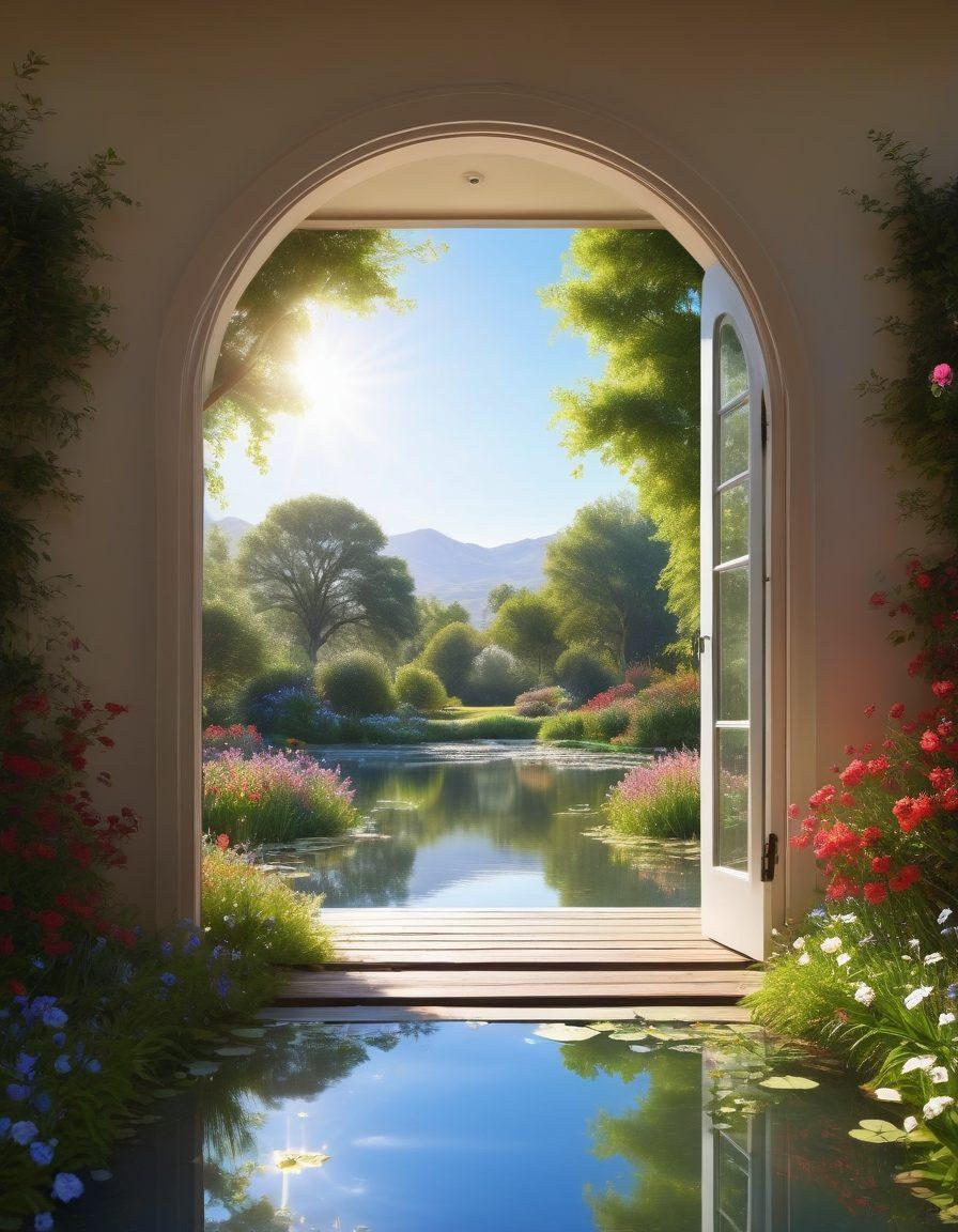 A serene landscape depicting an open door leading to a bright, lush garden filled with blooming flowers and a clear blue sky. Silhouettes of joyful people practicing yoga and meditation near a tranquil pond symbolize the pursuit of happiness. Ethereal light beams radiate from the door, creating an inviting atmosphere. super-realistic. vibrant colors. peaceful vibe.