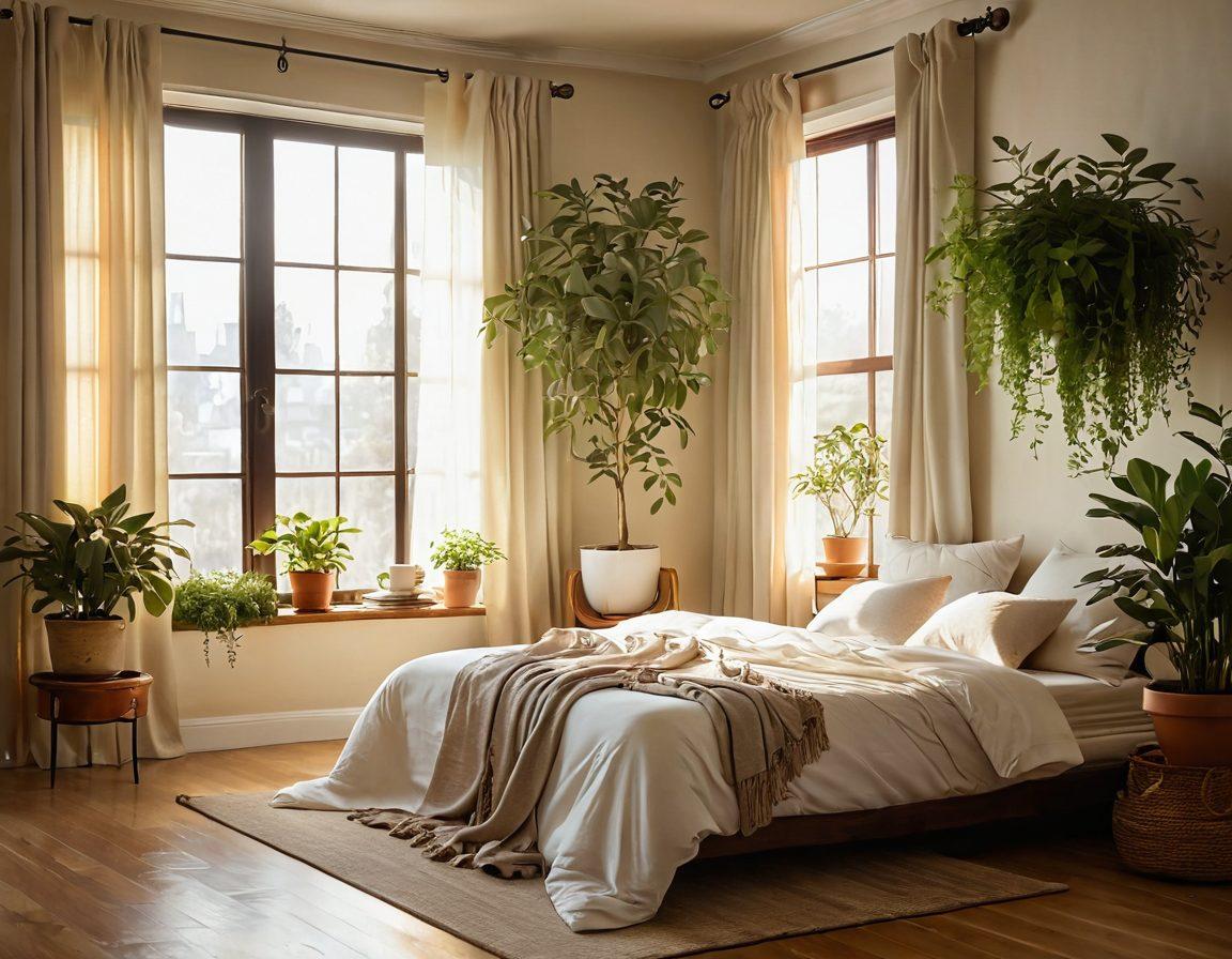 A serene morning scene featuring a cozy bedroom with soft sunlight filtering through the curtains, a cup of steaming tea on a bedside table, and plants adding a touch of greenery. The room is adorned with inspiring quotes on the wall and an inviting yoga mat rolled out, signifying a shift from ordinary to blissful. Captures a sense of tranquility and joy. super-realistic. warm colors. soft focus.